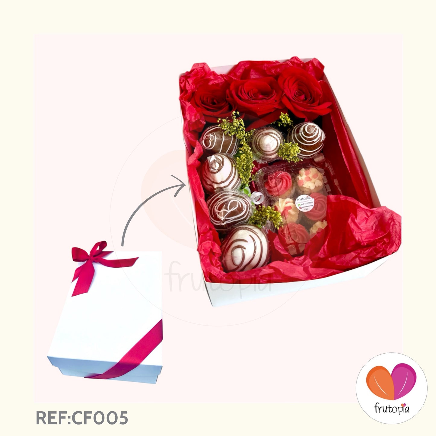 Caja sorpresa con rosas y fresas con chocolate REF: CF005