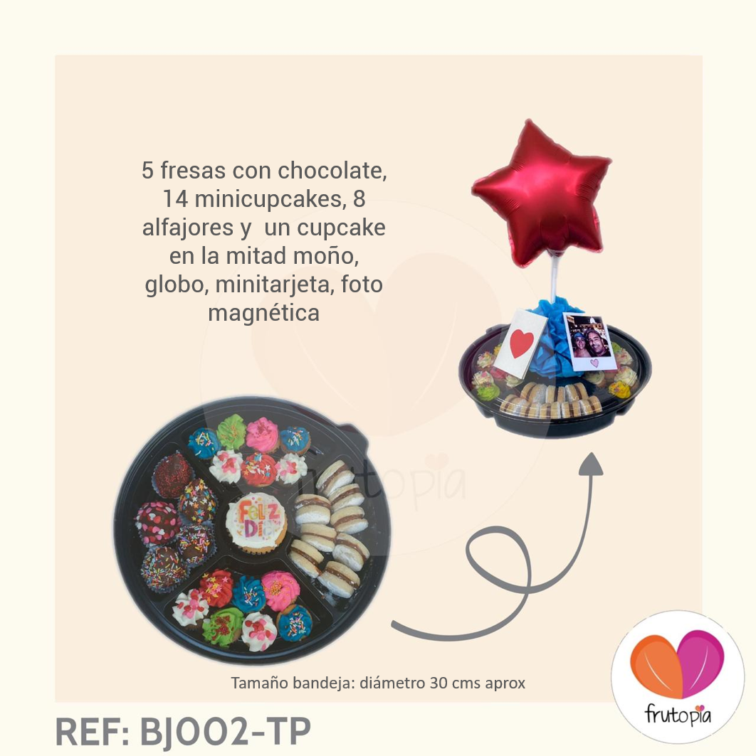 Bandeja de fresas con chocolate, alfajores y minicupcakes BJ002-TP
