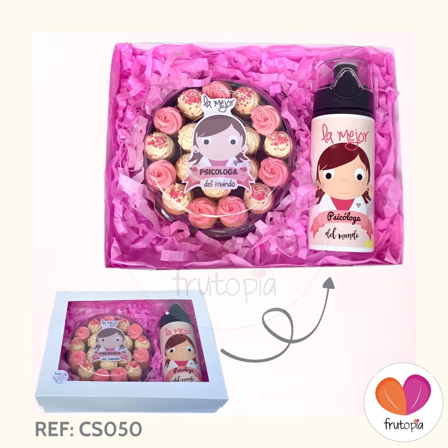 Caja sorpresa: minicupcakes y termo personalizado REF: CS050