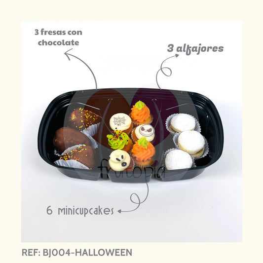 Bandeja de fresas con chocolate, alfajores y minicupcakes REF: BJ004-Halloween