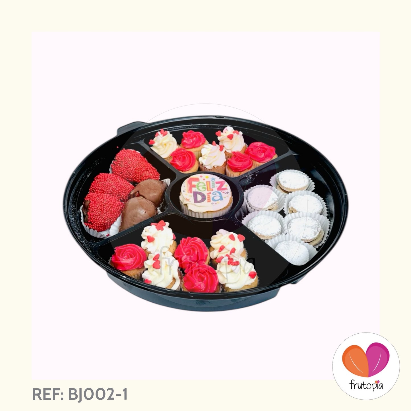 Bandeja de fresas con chocolate, alfajores y minicupcakes REF: BJ002-1