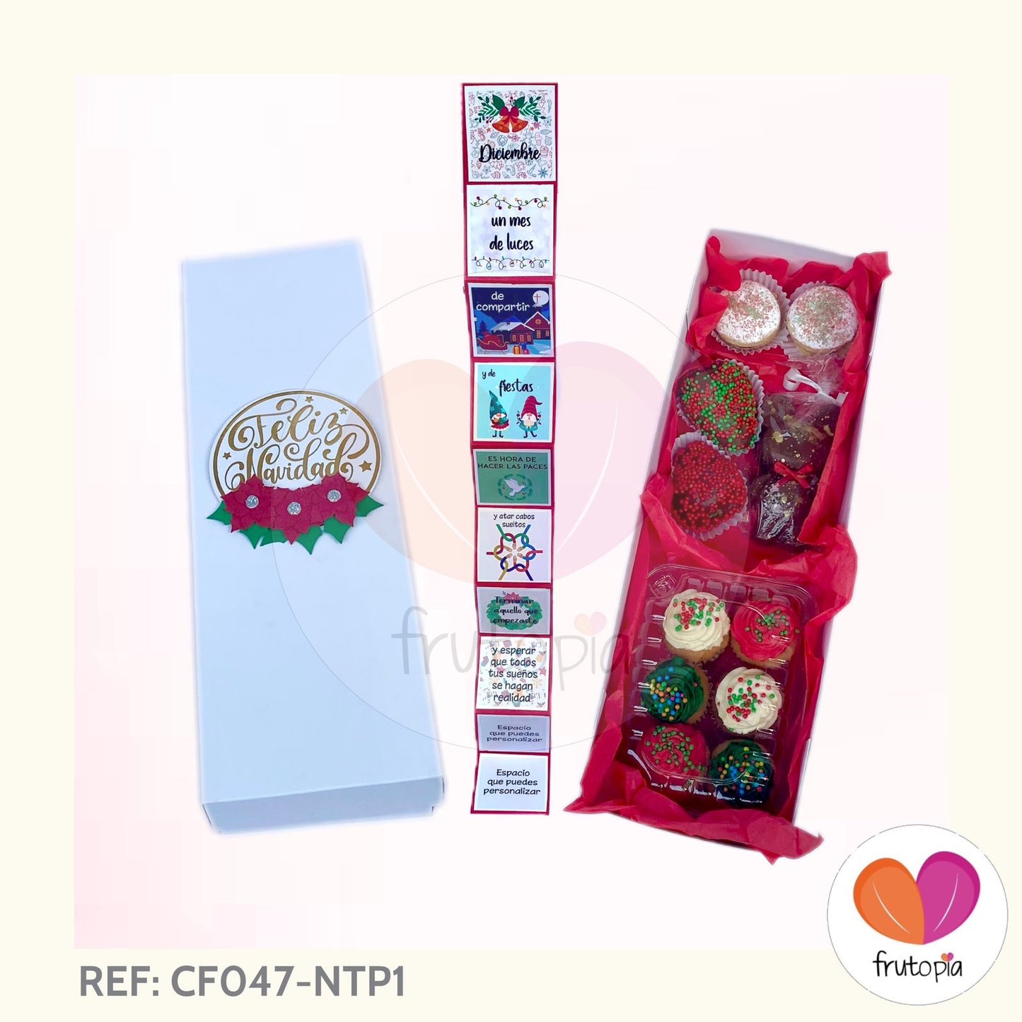 Caja de pasabocas fresas de chocolate, alfajores, chocolate y minicupcakes NAVIDEÑOS REF: CF047-NTP1